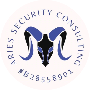 A blue and black logo for aries security consulting
